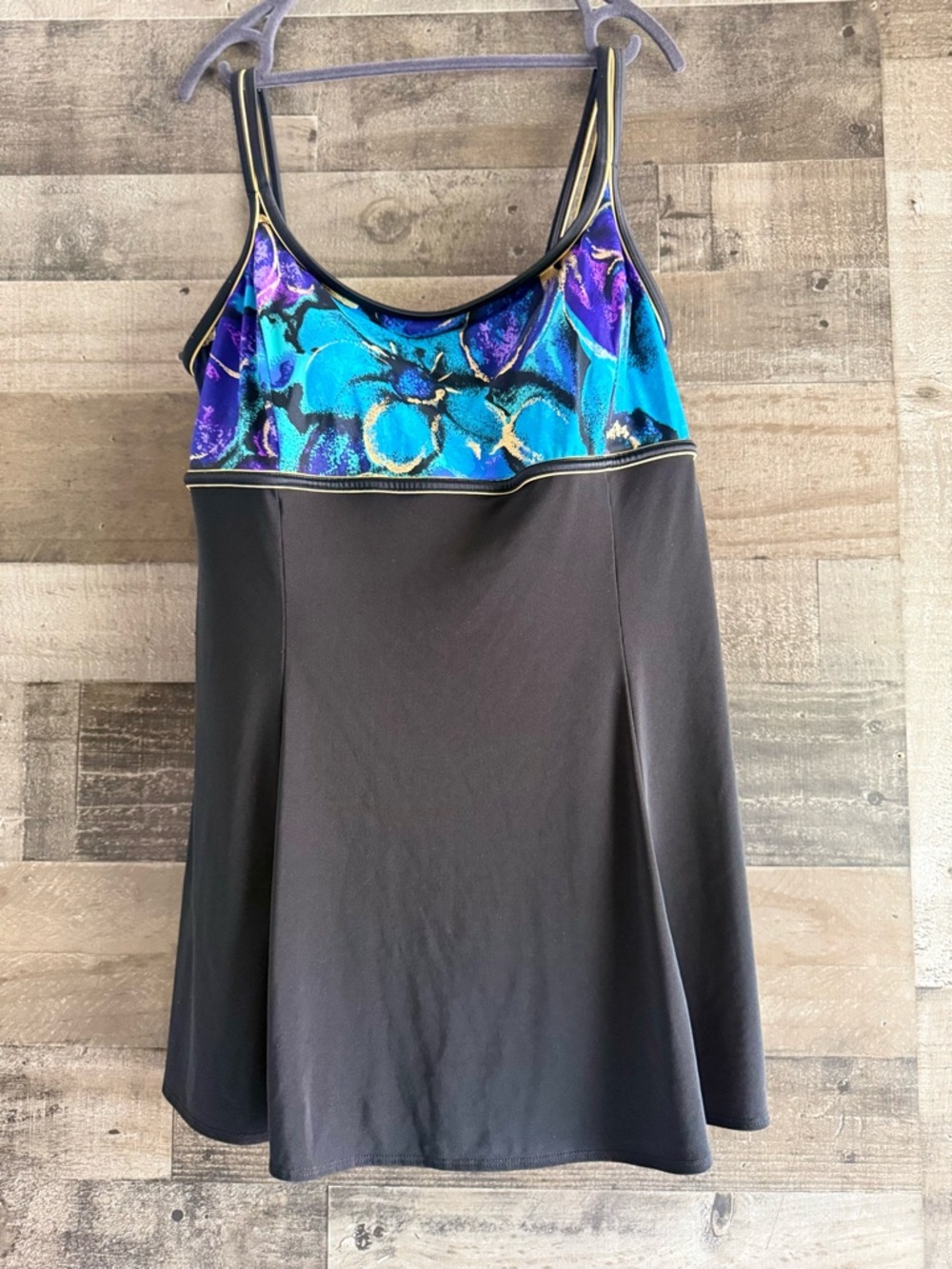 Great lengths Black Swim Dress with Blue & Purple Floral Accent